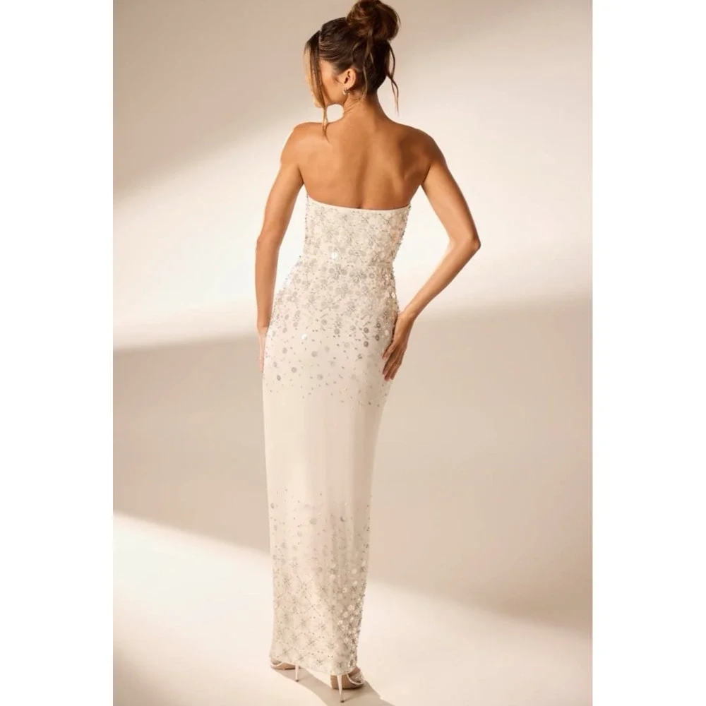 Oh Polly Alcyone Ivory White Hand Embellished Bandeau Corset Maxi Dress US 0